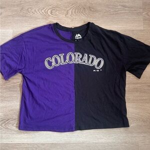 Rare Women’s Majestic Colorado Rockies MLB Purple and Black Cropped T-Shirt